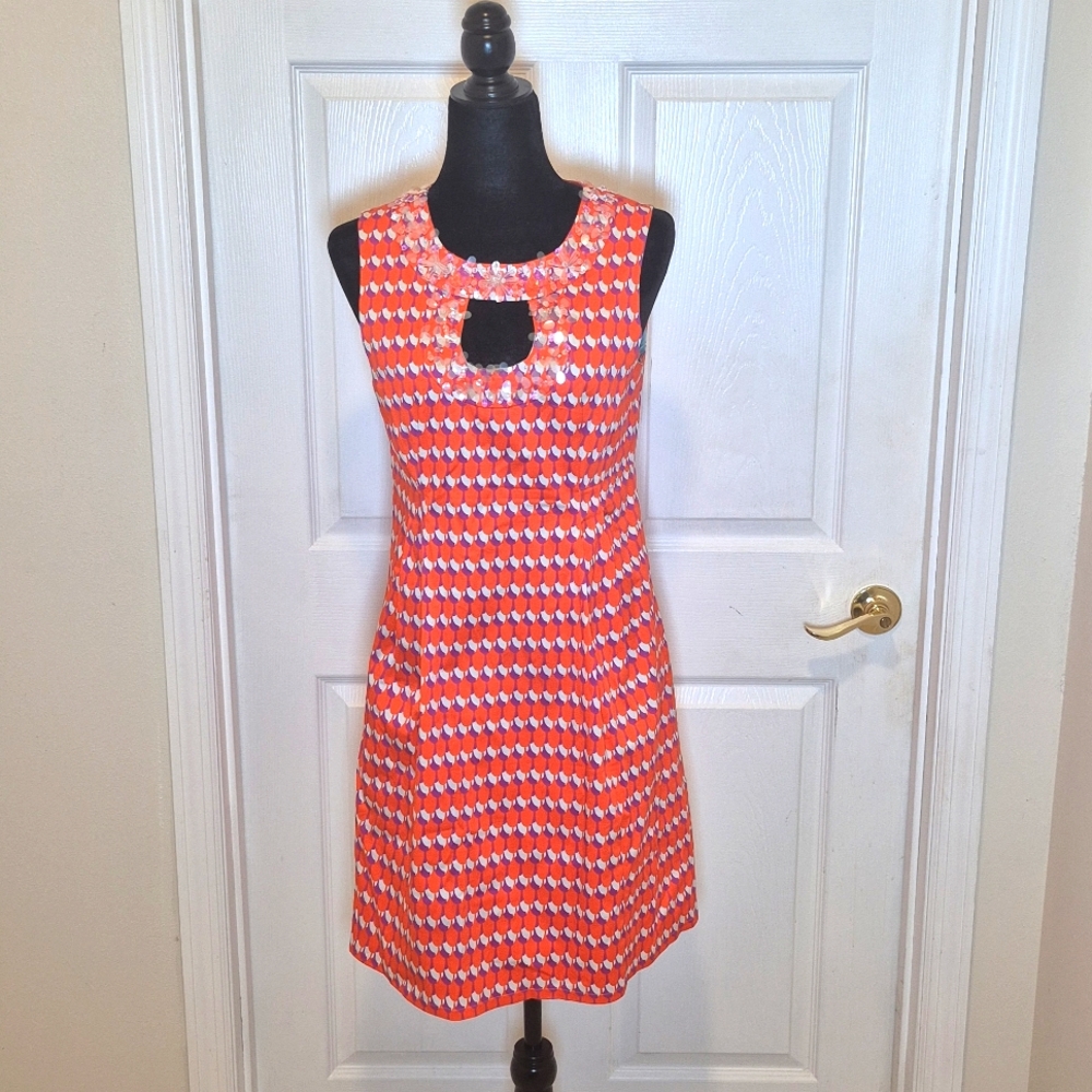 Nanette Lepore orange, white, and purple midi dress size 8